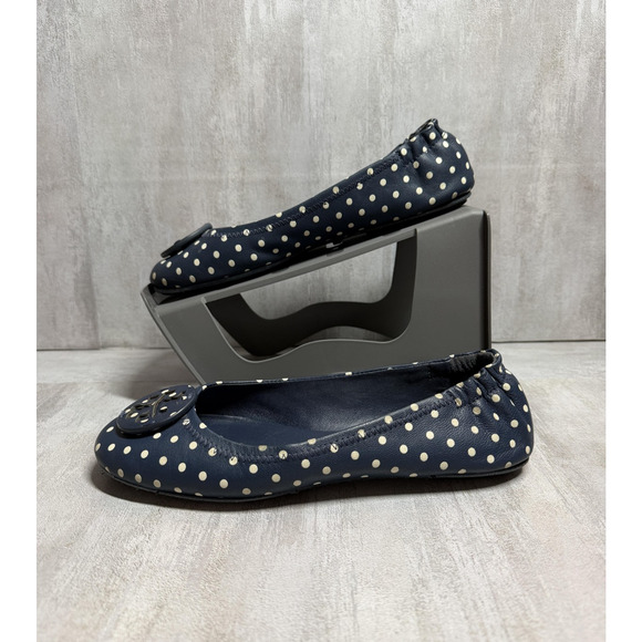 Tory Burch Ballet Flats Womens 7 Navy Polka Dot Leather Logo Round Toe Slip On - Picture 3 of 14